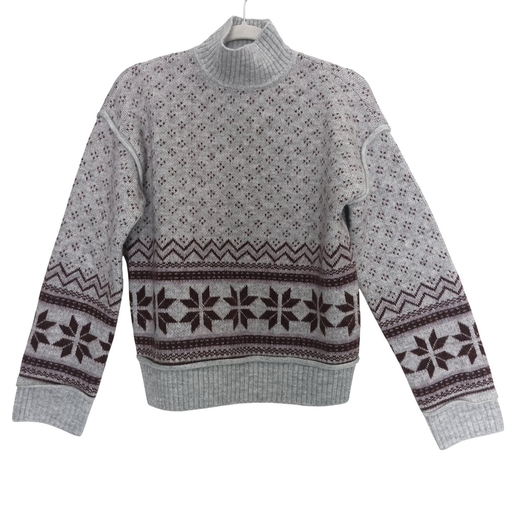 Marled Fair Isle Sweater Womens XS Grey Burgundy Mock Neck Snowflake Knit Wool
